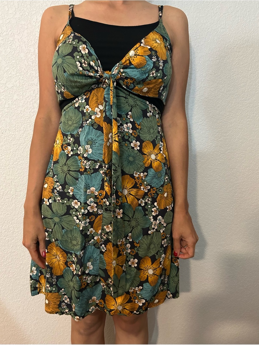 Volcom Green & Mustard Floral Tie-Front Dress